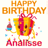 A vibrant and funny gift box character with a happy face dancing with a cupcake and the text 'Happy Birthday Analisse,' surrounded by animated confetti and party vibes.