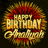 Golden 'Happy Birthday Analiyah' text accompanied by animated rainbow fireworks for a festive animated greeting.