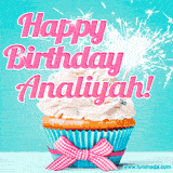 A festive cupcake with pink icing, a gingham bow, and a lit animated sparkler, paired with 'Happy Birthday Analiyah!' in bright pink text.