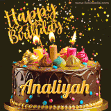 A delightful chocolate birthday cake with bright candles and 'Happy Birthday Analiyah' written in gold amidst a shower of animated stars.