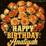 Animated bouquet of orange roses with moving butterfles and golden 'Happy Birthday Analiyah' text, surrounded by sparkling accents and a dark backdrop for a luxurious feel.