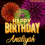 A golden 'Happy Birthday Analiyah' message with vibrant fireworks in the background, creating a festive and celebratory vibe in this animated name GIF.