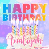 A vibrant animated name GIF with the words 'Happy Birthday Analiyah' with colorful candles on a creamy cake. The background sparkles with pastel shades, adding a festive touch.