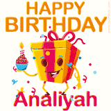A vibrant and funny gift box character with a happy face dancing with a cupcake and the text 'Happy Birthday Analiyah,' surrounded by animated confetti and party vibes.