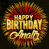 Golden 'Happy Birthday Analiz' text accompanied by animated rainbow fireworks for a festive animated greeting.