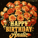 Animated bouquet of orange roses with moving butterfles and golden 'Happy Birthday Analiz' text, surrounded by sparkling accents and a dark backdrop for a luxurious feel.