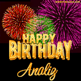 A golden 'Happy Birthday Analiz' message with vibrant fireworks in the background, creating a festive and celebratory vibe in this animated name GIF.