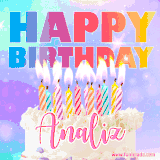 A vibrant animated name GIF with the words 'Happy Birthday Analiz' with colorful candles on a creamy cake. The background sparkles with pastel shades, adding a festive touch.