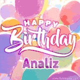 A vibrant name GIF featuring colorful balloons in shades of pink, orange, and yellow with the bold text 'Happy Birthday Analiz' in festive fonts, creating a lively birthday vibe.