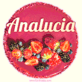 Beautifully decorated red velvet berry birthday cake with vibrant fruits and a glowing 'Analucia' name, adding a touch of sweetness and sparkle.