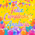 A bright and festive GIF with the text 'Feliz Cumpleaños Analucia' in Spanish in colorful fonts, surrounded by confetti, balloons, and festive banners on a vibrant yellow background.