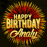 Golden 'Happy Birthday Analy' text accompanied by animated rainbow fireworks for a festive animated greeting.