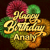 Golden text reading 'Happy Birthday Analy' surrounded by vibrant fireworks in red, green, and yellow, set against a dark background in this celebratory birthday GIF.