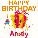 A vibrant and funny gift box character with a happy face dancing with a cupcake and the text 'Happy Birthday Analy,' surrounded by animated confetti and party vibes.