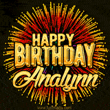 Golden 'Happy Birthday Analynn' text accompanied by animated rainbow fireworks for a festive animated greeting.