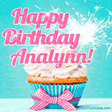 A festive cupcake with pink icing, a gingham bow, and a lit animated sparkler, paired with 'Happy Birthday Analynn!' in bright pink text.