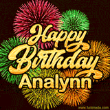 Golden text reading 'Happy Birthday Analynn' surrounded by vibrant fireworks in red, green, and yellow, set against a dark background in this celebratory birthday GIF.