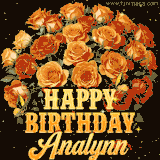 Animated bouquet of orange roses with moving butterfles and golden 'Happy Birthday Analynn' text, surrounded by sparkling accents and a dark backdrop for a luxurious feel.