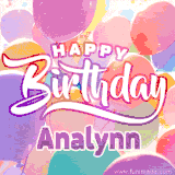 A vibrant name GIF featuring colorful balloons in shades of pink, orange, and yellow with the bold text 'Happy Birthday Analynn' in festive fonts, creating a lively birthday vibe.
