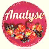 Beautifully decorated red velvet berry birthday cake with vibrant fruits and a glowing 'Analyse' name, adding a touch of sweetness and sparkle.
