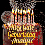 A chocolate birthday cake with glowing candles, the German text 'Alles Gute zum Geburtstag Analyse,' and vibrant fireworks lighting up the background in an animated GIF.