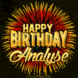 Golden 'Happy Birthday Analyse' text accompanied by animated rainbow fireworks for a festive animated greeting.