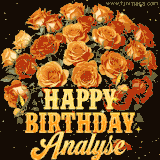 Animated bouquet of orange roses with moving butterfles and golden 'Happy Birthday Analyse' text, surrounded by sparkling accents and a dark backdrop for a luxurious feel.