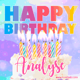 A vibrant animated name GIF with the words 'Happy Birthday Analyse' with colorful candles on a creamy cake. The background sparkles with pastel shades, adding a festive touch.