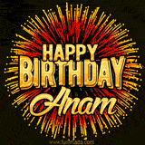 Golden 'Happy Birthday Anam' text accompanied by animated rainbow fireworks for a festive animated greeting.
