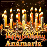 A glowing personalized birthday GIF with name Anamaria featuring lit candles with intricate designs, warm lighting, and the text 'Happy Birthday' in an elegant font.