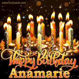 A glowing personalized birthday GIF with name Anamarie featuring lit candles with intricate designs, warm lighting, and the text 'Happy Birthday' in an elegant font.