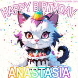 Adorable party-themed animated cat next to a lit birthday cake with text that says 'Happy Birthday Anastasia,' surrounded by colorful decorations and sparkles.