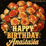 Animated bouquet of orange roses with moving butterfles and golden 'Happy Birthday Anastasia' text, surrounded by sparkling accents and a dark backdrop for a luxurious feel.