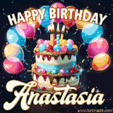 Bright birthday animation for Anastasia with a chocolate cake, candles, balloons, and glowing celebratory lights.