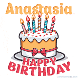 Cartoon birthday cake with a red bow, glowing candles, and 'Anastasia Happy Birthday' text in bold animated style.