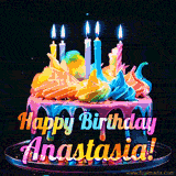 A mesmerizing animated cake with multicolor frosting and candles, and the words 'Happy Birthday Anastasia' on the black background.
