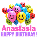Animated colorful and joyful birthday balloons with cheerful smiles and a bright 'Happy Birthday Anastasia!' message in pink and purple.