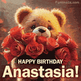 Cinematic style cute animated teddy bear with charming features holding a large bouquet of red roses, the words say 'Happy Birthday Anastasia' in sans serif font.