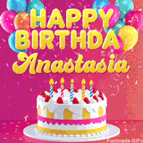 Pink-themed animated greeting with balloons, confetti, and a frosted cake under the message 'Happy Birthday Anastasia' in bold rounded yellow font.