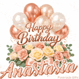 Pastel metallic balloons and rose bouquet Happy Birthday Anastasia GIF
