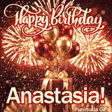 Large white text spelling Anastasia at the base of a luxury gift box wrapped in golden ribbons on a dark background.