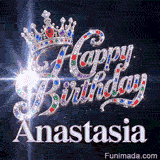 A customized birthday GIF for Anastasia displaying a rich jeweled crown with a sparkly dark background.