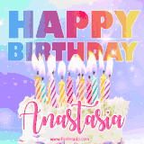 A vibrant animated name GIF with the words 'Happy Birthday Anastasia' with colorful candles on a creamy cake. The background sparkles with pastel shades, adding a festive touch.