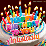 A colorful birthday cake topped with lit candles, with the words 'Happy Birthday Anastasia' in bold glowing letters on a burgundy background. Animated flames add a festive touch.