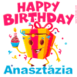 A vibrant and funny gift box character with a happy face dancing with a cupcake and the text 'Happy Birthday Anasztázia,' surrounded by animated confetti and party vibes.