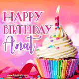 A vibrant birthday GIF featuring a rainbow-colored cupcake topped with white frosting, sprinkles, and a lit candle. The text reads 'Happy Birthday Anat' in bold pink and violet letters with white outline.