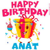 A vibrant and funny gift box character with a happy face dancing with a cupcake and the text 'Happy Birthday Anat,' surrounded by animated confetti and party vibes.