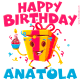 A vibrant and funny gift box character with a happy face dancing with a cupcake and the text 'Happy Birthday Anatola,' surrounded by animated confetti and party vibes.
