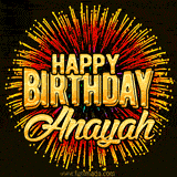 Golden 'Happy Birthday Anayah' text accompanied by animated rainbow fireworks for a festive animated greeting.
