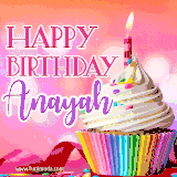 A vibrant birthday GIF featuring a rainbow-colored cupcake topped with white frosting, sprinkles, and a lit candle. The text reads 'Happy Birthday Anayah' in bold pink and violet letters with white outline.
